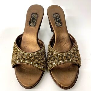 SOLD Rare, Salpy, antique gold with beautiful embroidery. Mules, Size 8